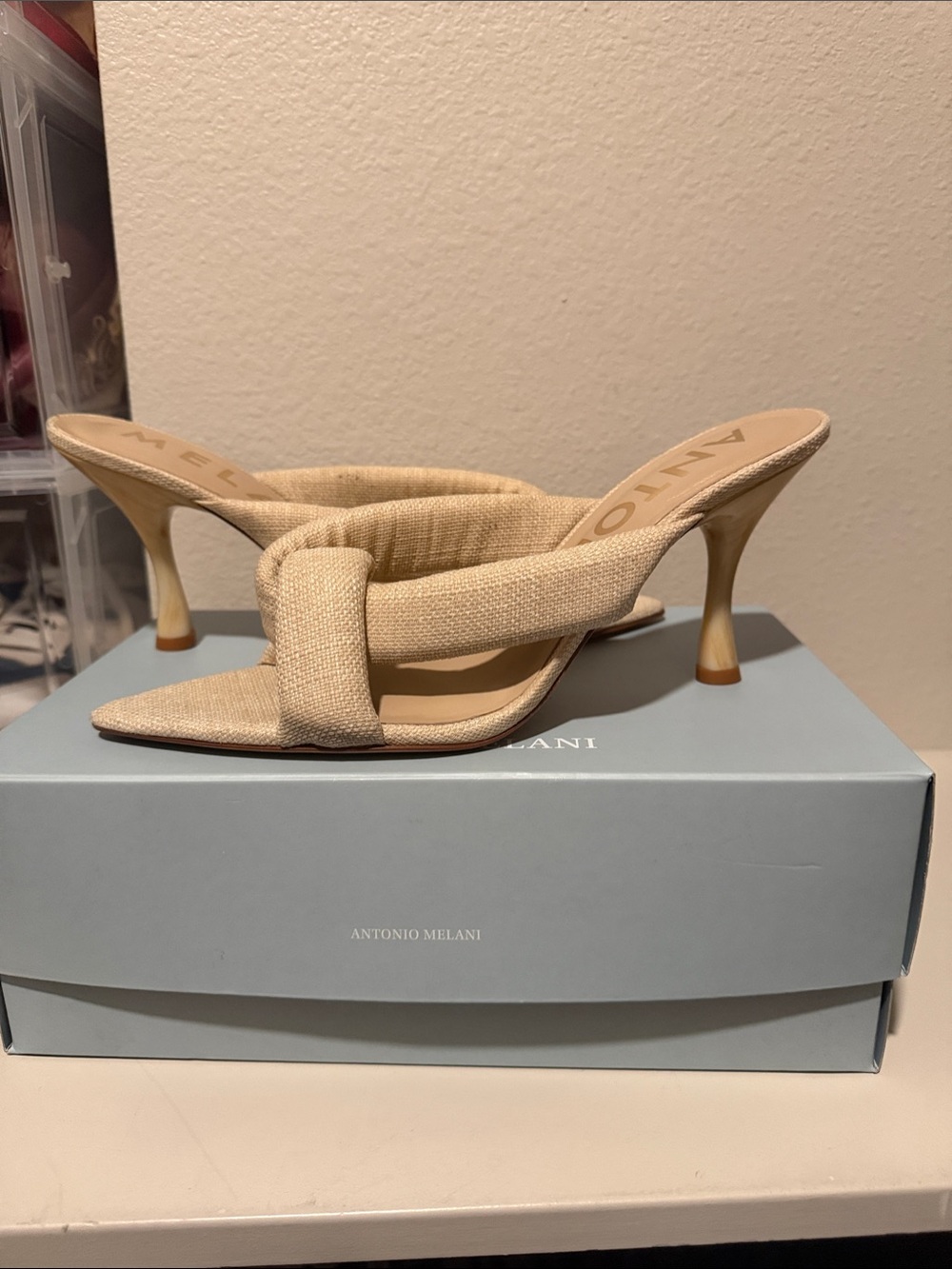 ANTONIO MELANI Tan Knotted Fabric Mule Heels